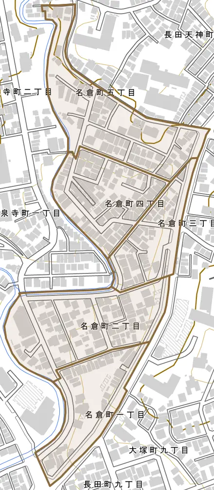 名倉町とその周辺の地図。町の範囲を重ねている