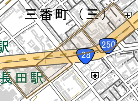 二番町とその周辺の地図。町の範囲を重ねている