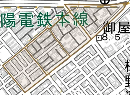 西代通とその周辺の地図。町の範囲を重ねている