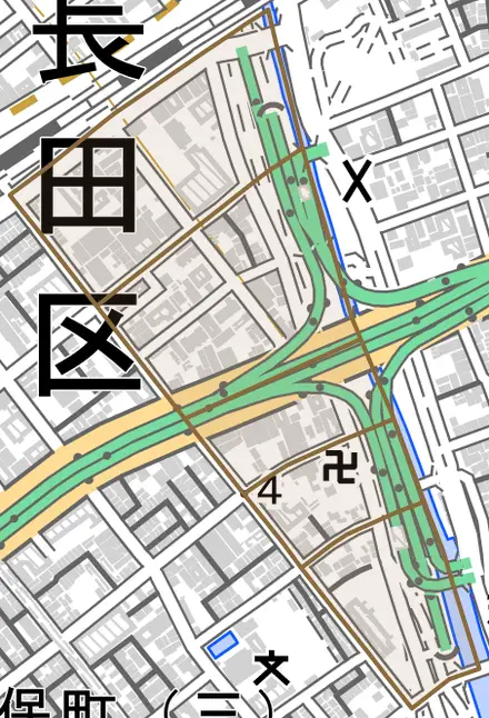 西尻池町とその周辺の地図。町の範囲を重ねている