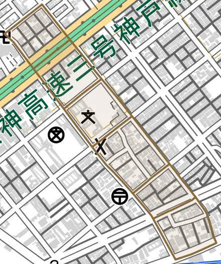 野田町とその周辺の地図。町の範囲を重ねている