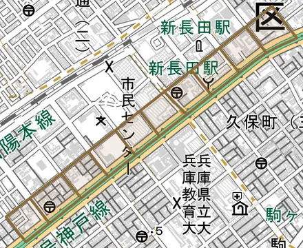 大橋町とその周辺の地図。町の範囲を重ねている