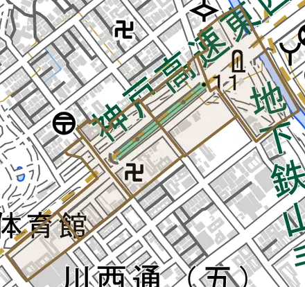 大道通とその周辺の地図。町の範囲を重ねている