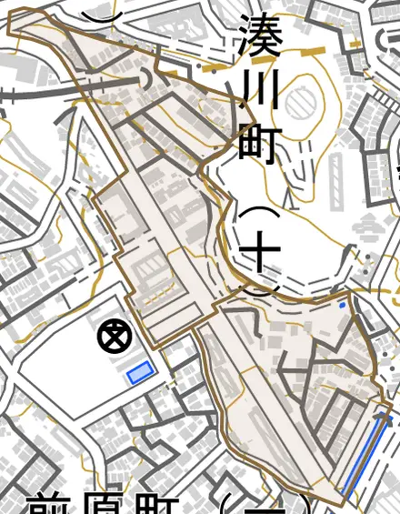 重池町とその周辺の地図。町の範囲を重ねている