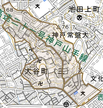 大谷町とその周辺の地図。町の範囲を重ねている