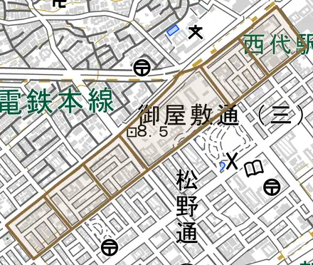 御屋敷通とその周辺の地図。町の範囲を重ねている