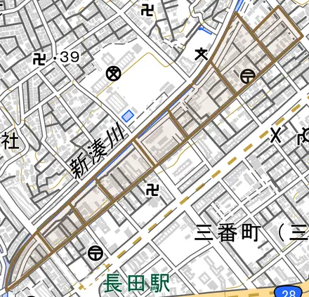 六番町とその周辺の地図。町の範囲を重ねている