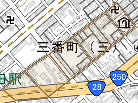 三番町とその周辺の地図。町の範囲を重ねている