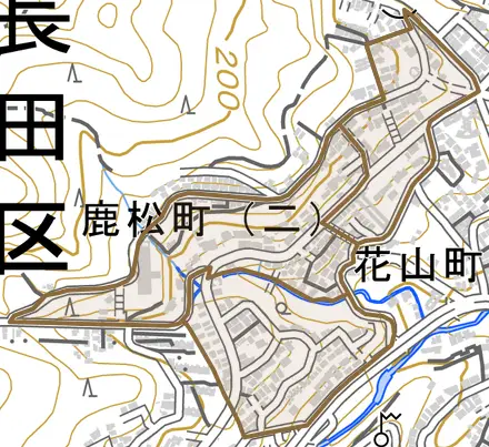 鹿松町とその周辺の地図。町の範囲を重ねている
