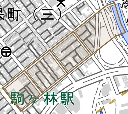 庄田町とその周辺の地図。町の範囲を重ねている