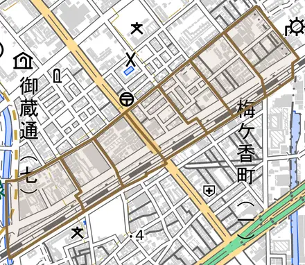 菅原通とその周辺の地図。町の範囲を重ねている