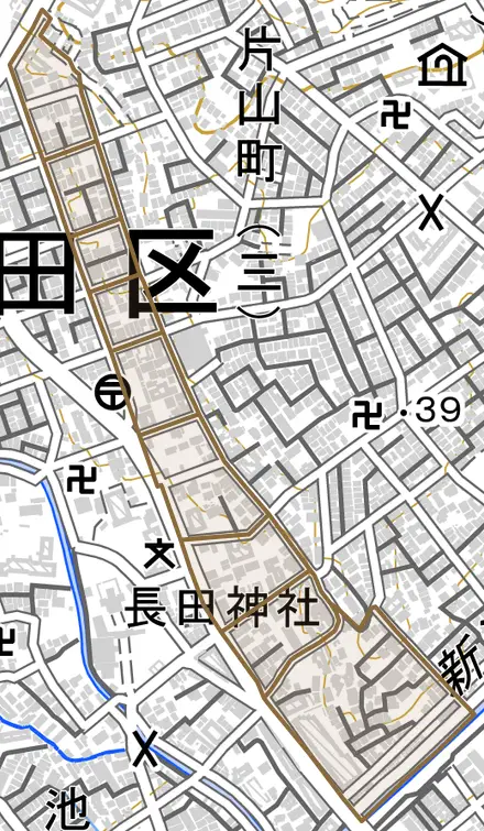 大塚町とその周辺の地図。町の範囲を重ねている