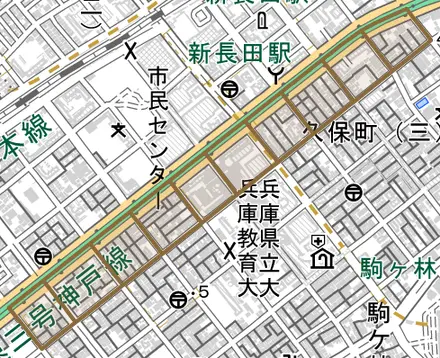 腕塚町とその周辺の地図。町の範囲を重ねている
