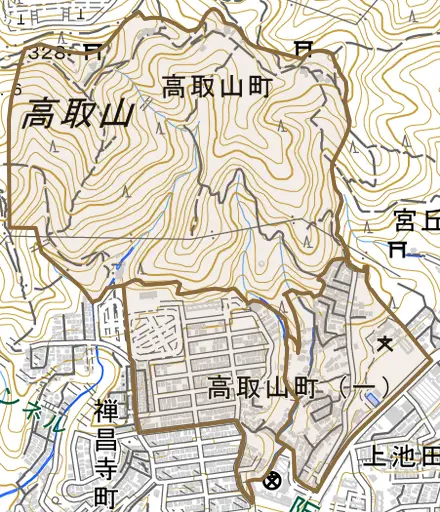 高取山町とその周辺の地図。町の範囲を重ねている
