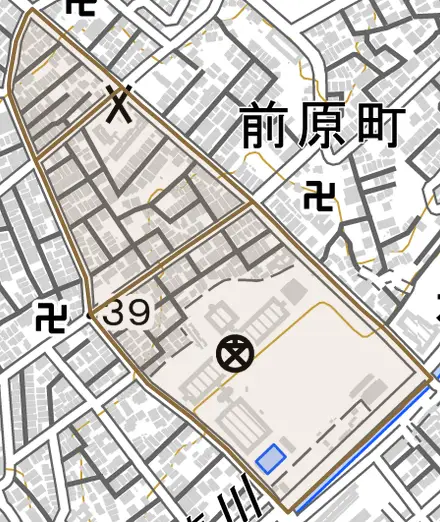 寺池町とその周辺の地図。町の範囲を重ねている