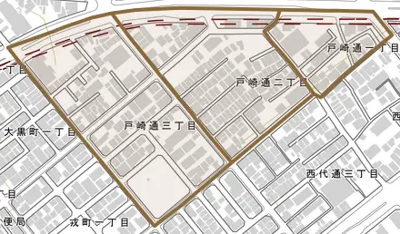 戸崎通とその周辺の地図。町の範囲を重ねている