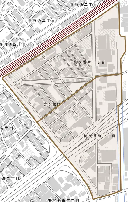 梅ケ香町とその周辺の地図。町の範囲を重ねている
