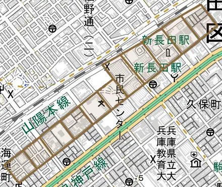 若松町とその周辺の地図。町の範囲を重ねている
