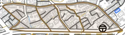 山下町とその周辺の地図。町の範囲を重ねている