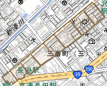四番町とその周辺の地図。町の範囲を重ねている