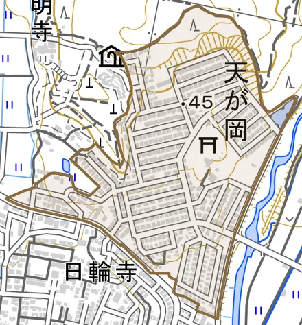 天が岡とその周辺の地図。町の範囲を重ねている