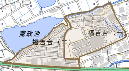 福吉台とその周辺の地図。町の範囲を重ねている
