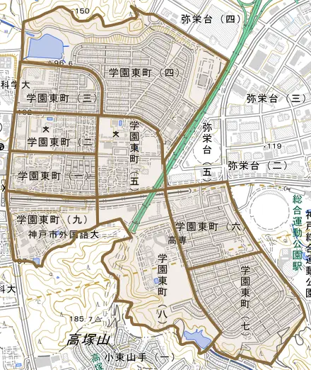 学園東町とその周辺の地図。町の範囲を重ねている