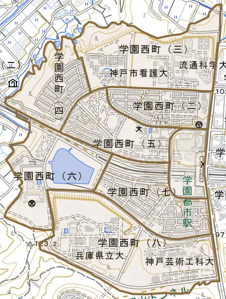 学園西町とその周辺の地図。町の範囲を重ねている