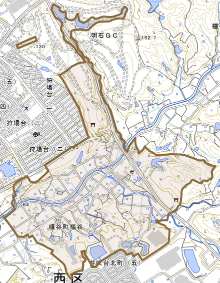 櫨谷町福谷とその周辺の地図。町の範囲を重ねている