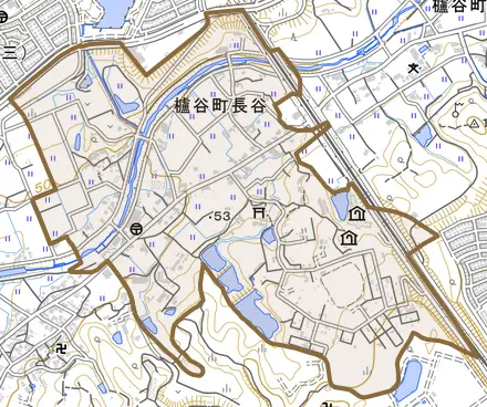 櫨谷町長谷とその周辺の地図。町の範囲を重ねている