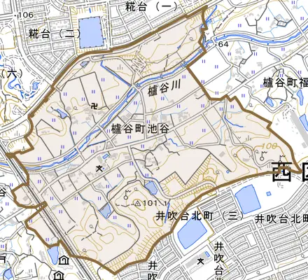 櫨谷町池谷とその周辺の地図。町の範囲を重ねている