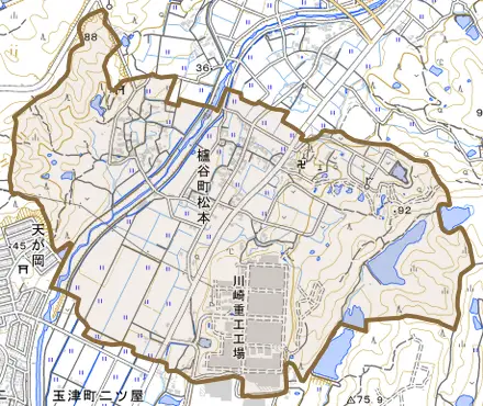 櫨谷町松本とその周辺の地図。町の範囲を重ねている