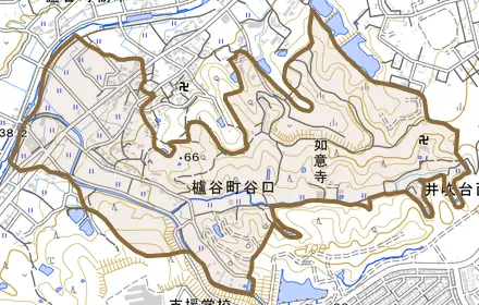 櫨谷町谷口とその周辺の地図。町の範囲を重ねている
