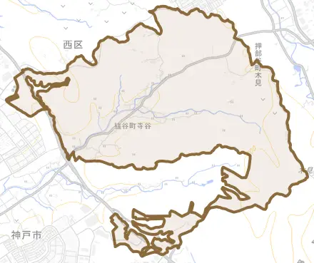 櫨谷町寺谷とその周辺の地図。町の範囲を重ねている