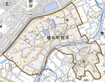 櫨谷町栃木とその周辺の地図。町の範囲を重ねている