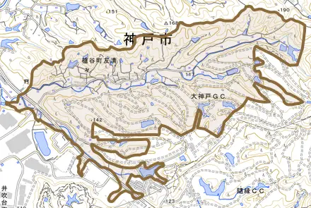 櫨谷町友清とその周辺の地図。町の範囲を重ねている