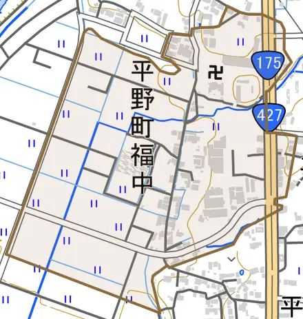 平野町福中とその周辺の地図。町の範囲を重ねている