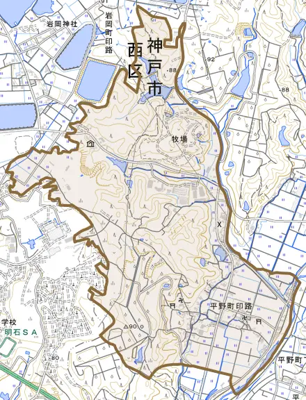平野町印路とその周辺の地図。町の範囲を重ねている