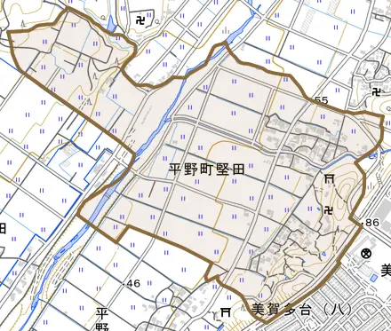 平野町堅田とその周辺の地図。町の範囲を重ねている