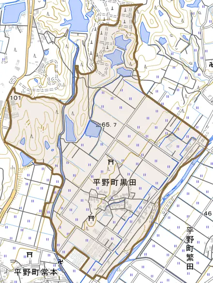 平野町黒田とその周辺の地図。町の範囲を重ねている