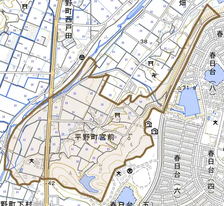 平野町宮前とその周辺の地図。町の範囲を重ねている