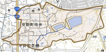 平野町向井とその周辺の地図。町の範囲を重ねている