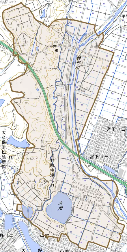 平野町中津とその周辺の地図。町の範囲を重ねている