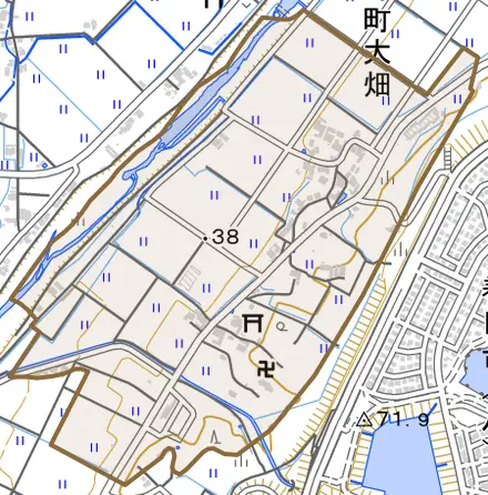 平野町大畑とその周辺の地図。町の範囲を重ねている