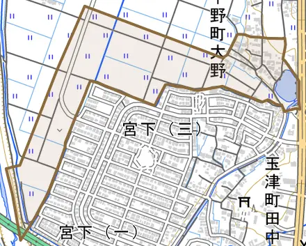 平野町大野とその周辺の地図。町の範囲を重ねている