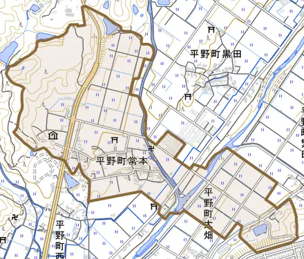 平野町常本とその周辺の地図。町の範囲を重ねている