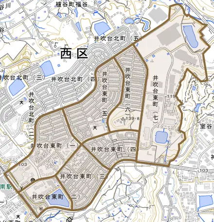 井吹台東町とその周辺の地図。町の範囲を重ねている