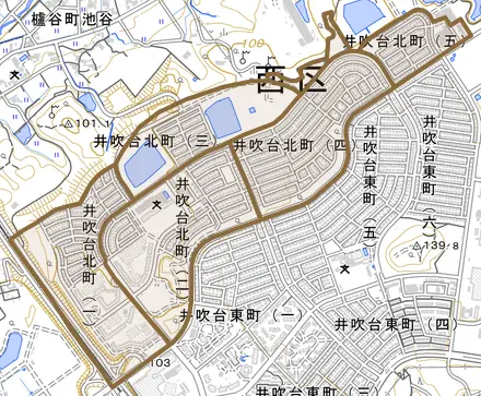 井吹台北町とその周辺の地図。町の範囲を重ねている