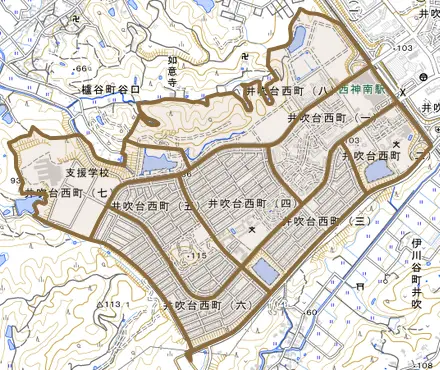 井吹台西町とその周辺の地図。町の範囲を重ねている