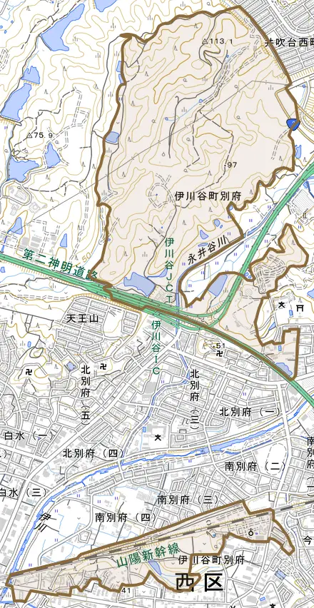 伊川谷町別府とその周辺の地図。町の範囲を重ねている